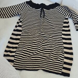 Boston Proper Black and Cream Striped Keyhole Sweater